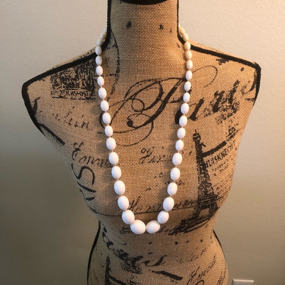 Vintage 1950’s Rare White Milk Glass Beaded Knot Necklace Sterling Ornate Clasp